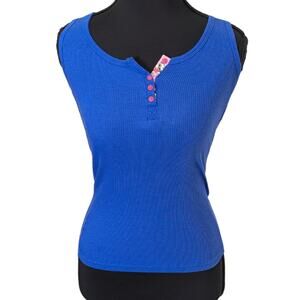 Vintage Sleep Riot Y2K Fitted Blue Tank Top with Three-Button Collar | Women's M